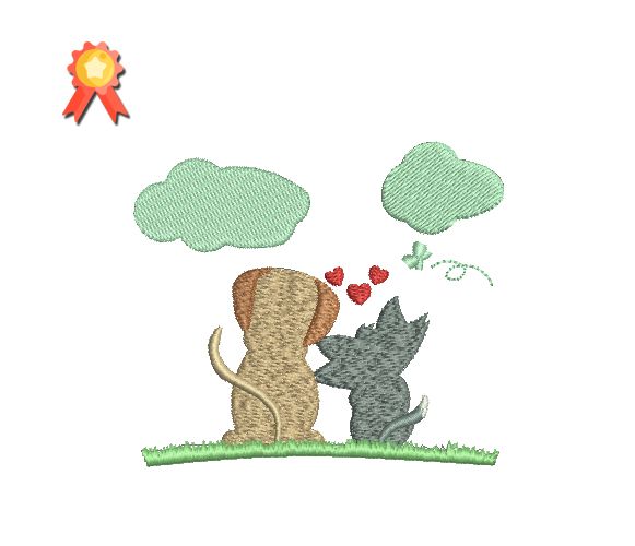 Dog And Kitten In Love Machine Embroidery Design