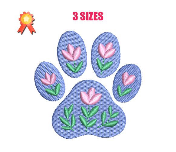 Paw With Flowers Machine Embroidery Design